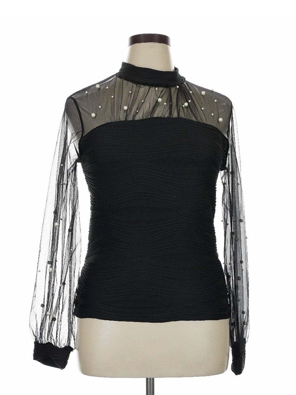 CBR Black Pearl-Embellished Mesh Long-Sleeve Top